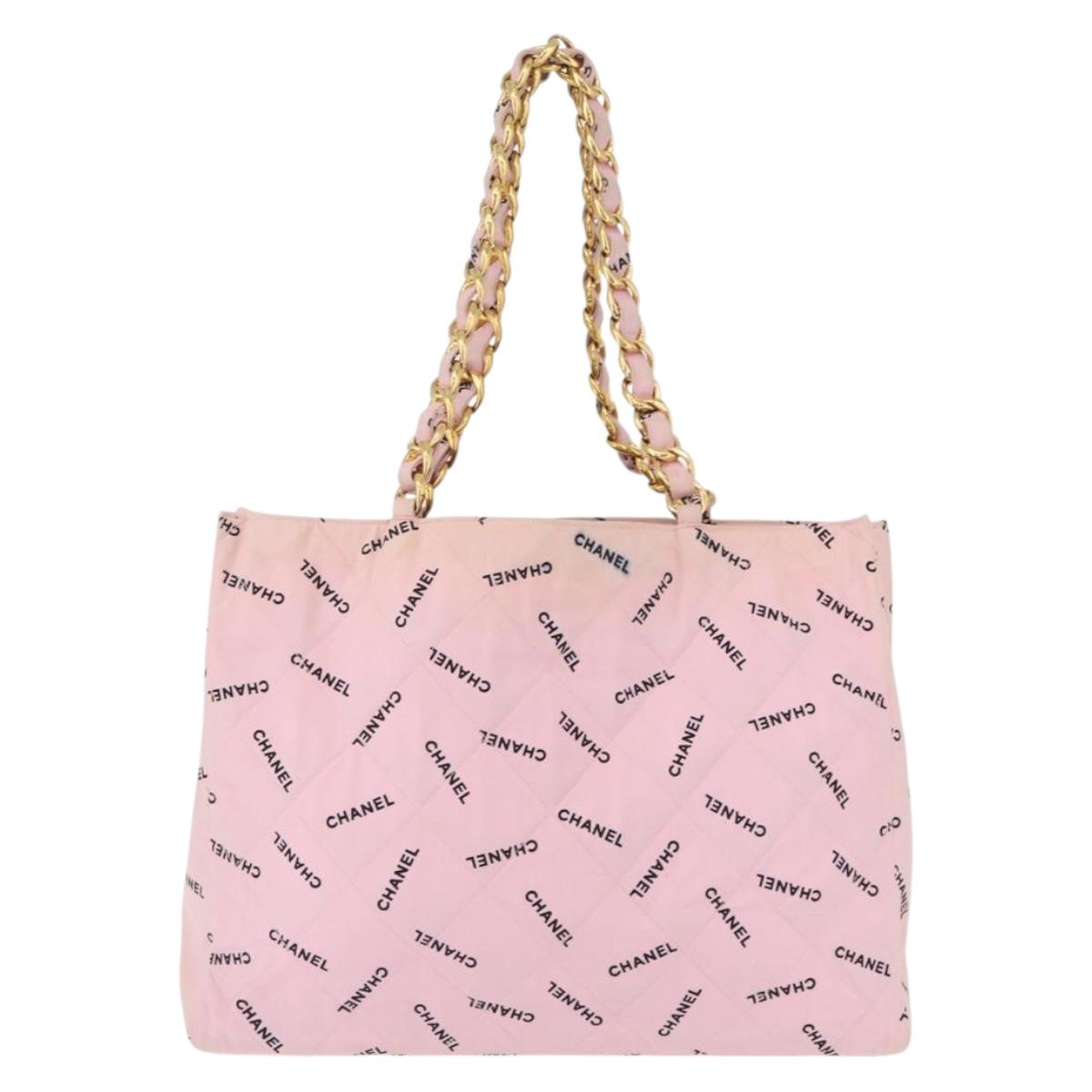 CHANEL Matelasse Chain Tote Bag Canvas Pink Gold CC Auth 169588A