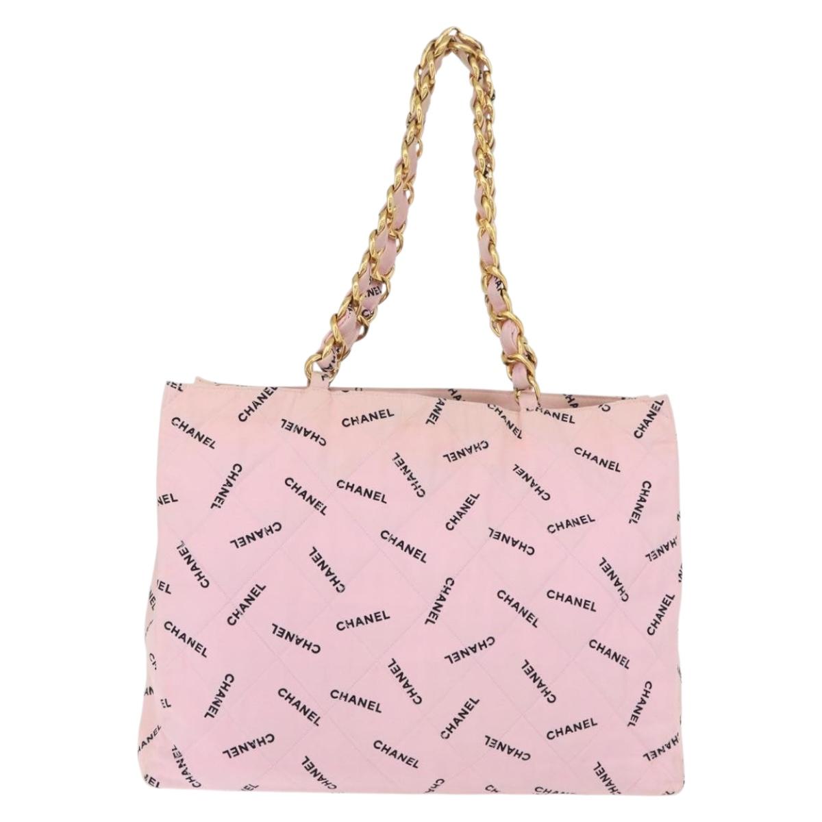 CHANEL Matelasse Chain Tote Bag Canvas Pink Gold CC Auth 169588A