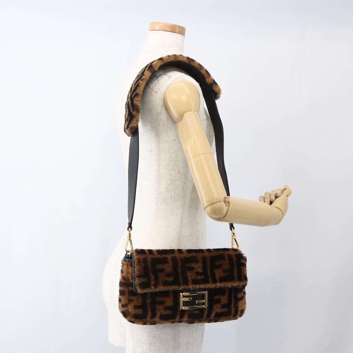 FENDI Zucca Canvas Mamma Baguette Shoulder Bag Fur Black Brown Auth 169591SM