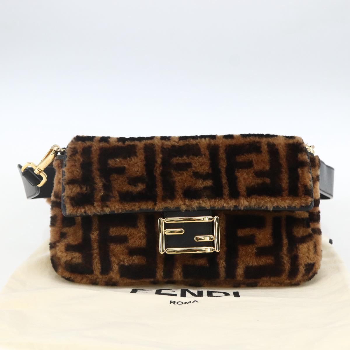 FENDI Zucca Canvas Mamma Baguette Shoulder Bag Fur Black Brown Auth 169591SM