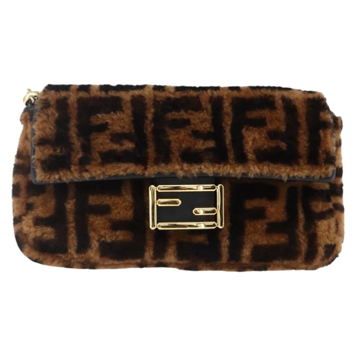 FENDI Zucca Canvas Mamma Baguette Shoulder Bag Fur Black Brown Auth 169591SM