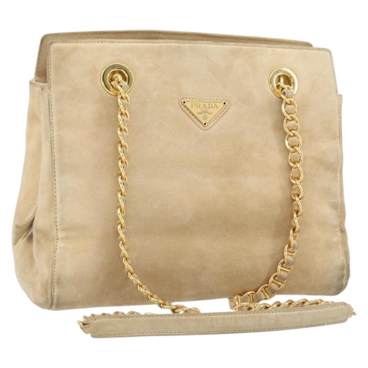 PRADA Chain Shoulder Bag Suede Beige Gold Auth 169631