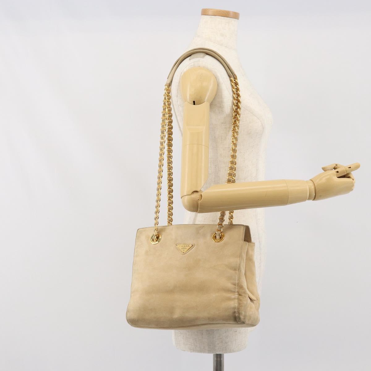PRADA Chain Shoulder Bag Suede Beige Gold Auth 169631