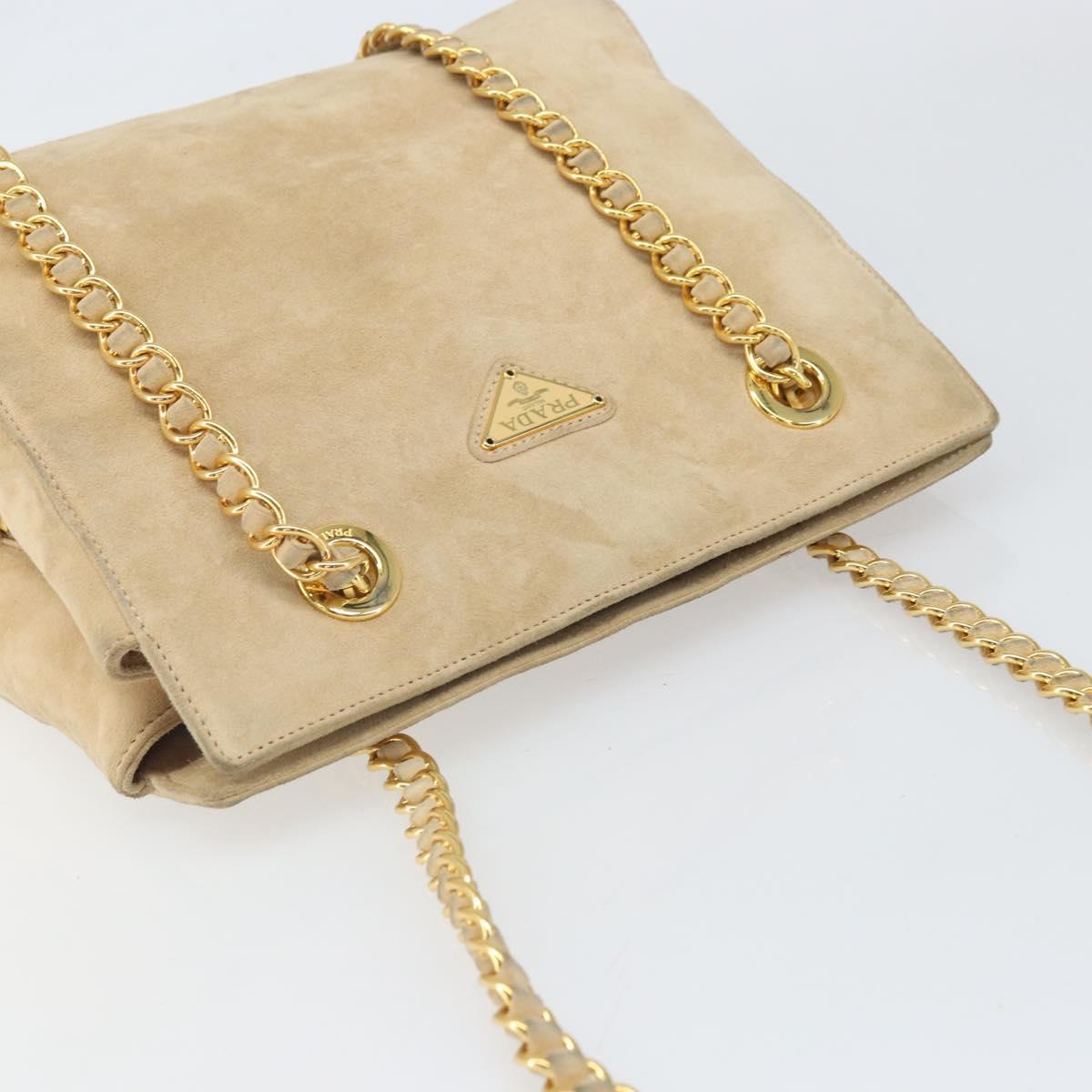 PRADA Chain Shoulder Bag Suede Beige Gold Auth 169631
