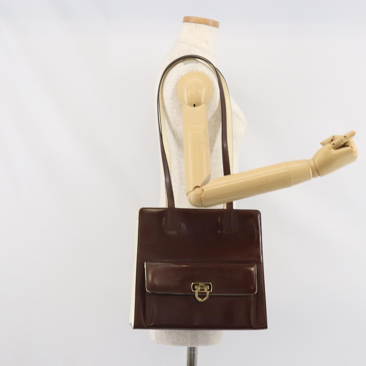 Salvatore Ferragamo Gancini Tote Bag Patent leather Brown Gold Auth 169637