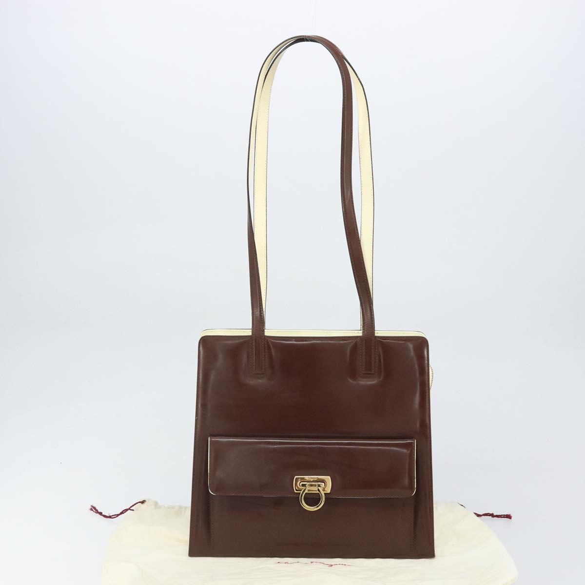 Salvatore Ferragamo Gancini Tote Bag Patent leather Brown Gold Auth 169637