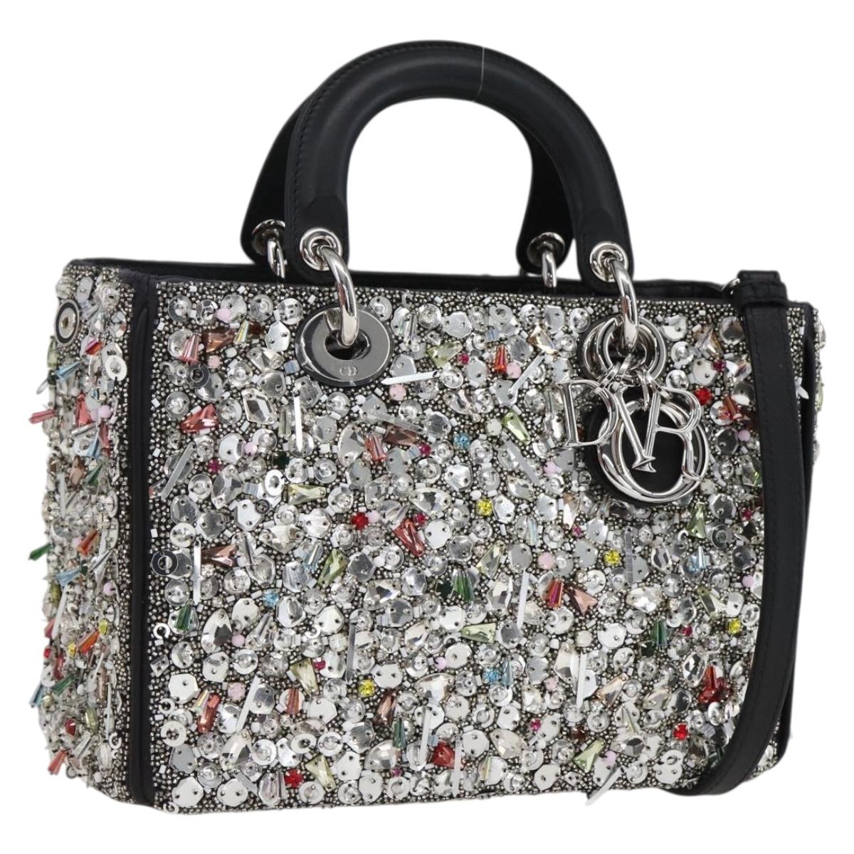 Christian Dior Sequin Lady Dior Hand Bag Leather 2way Black Silver Auth 169660SM