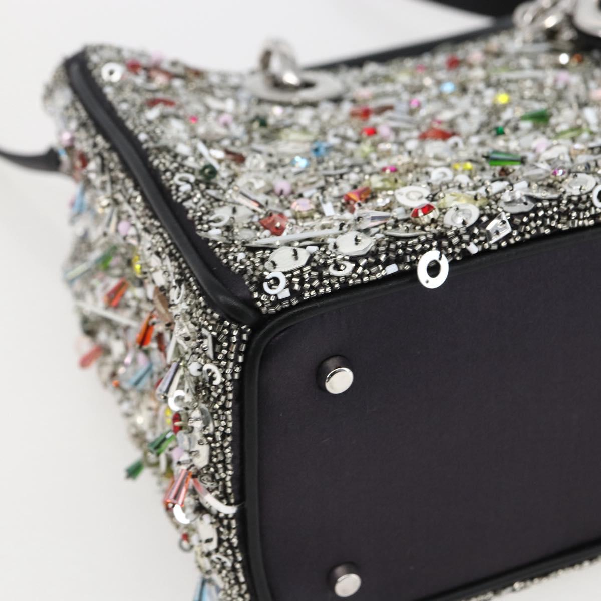 Christian Dior Sequin Lady Dior Hand Bag Leather 2way Black Silver Auth 169660SM
