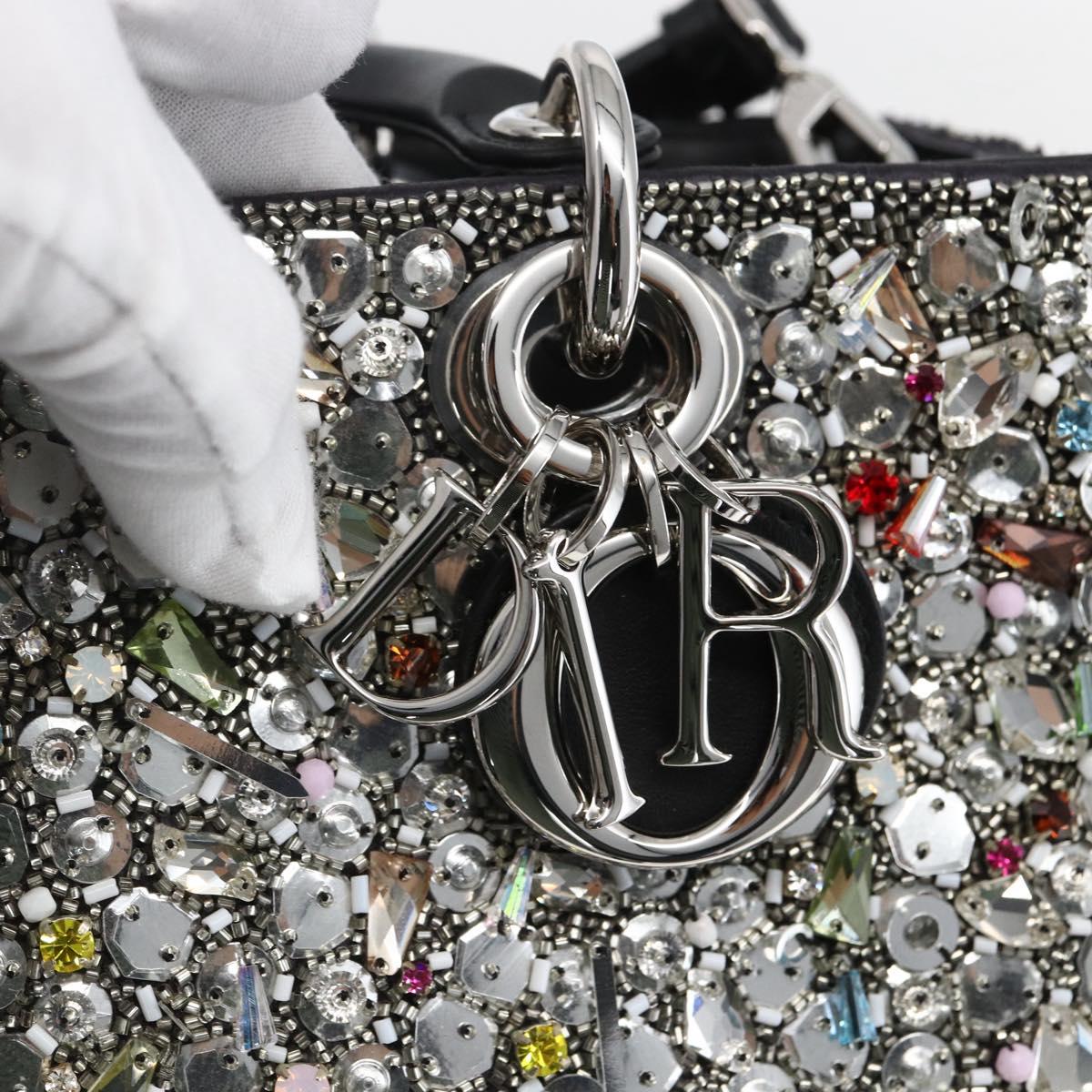Christian Dior Sequin Lady Dior Hand Bag Leather 2way Black Silver Auth 169660SM