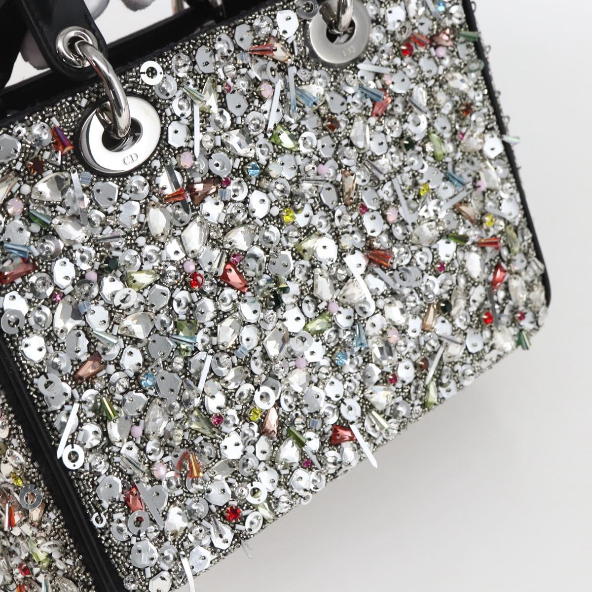 Christian Dior Sequin Lady Dior Hand Bag Leather 2way Black Silver Auth 169660SM