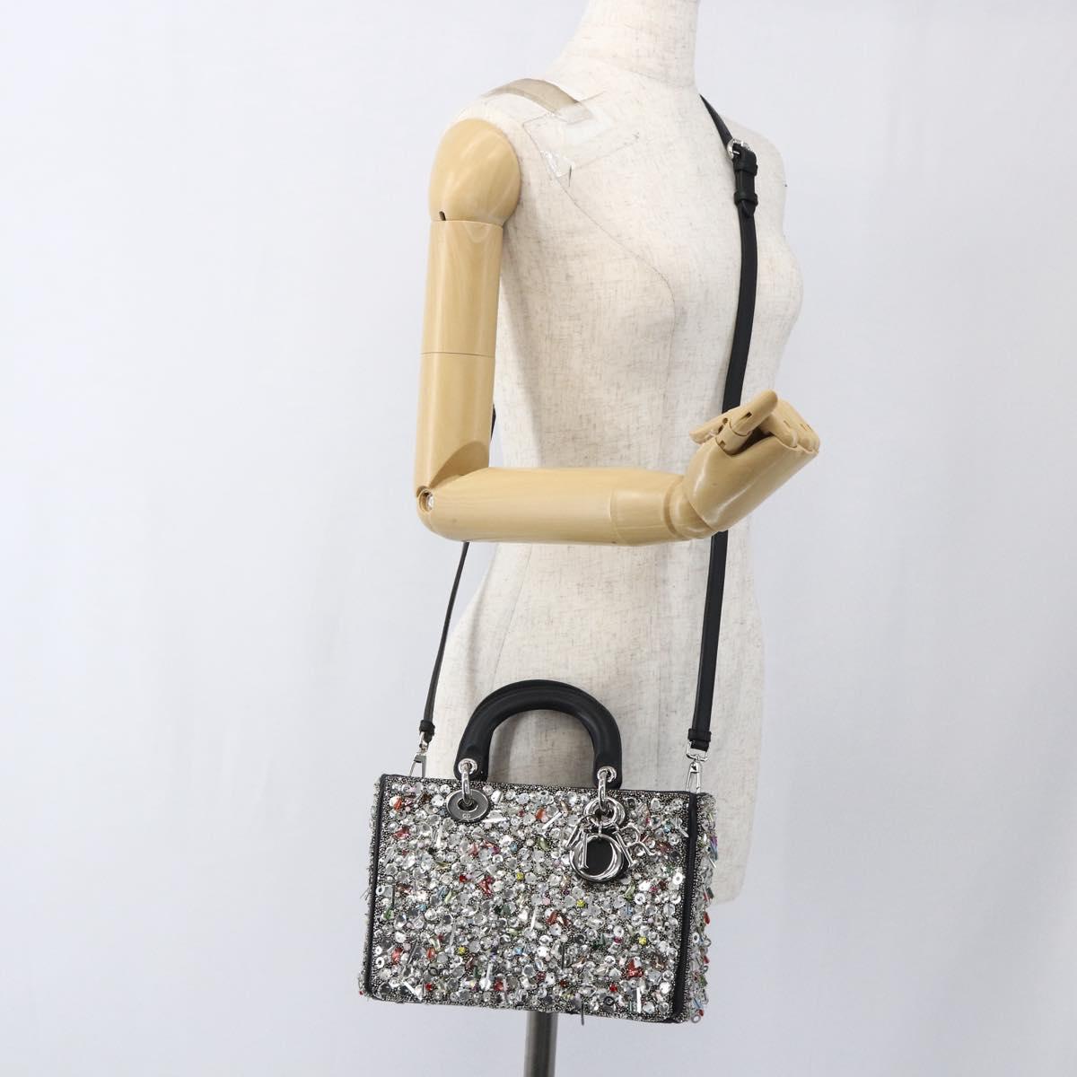 Christian Dior Sequin Lady Dior Hand Bag Leather 2way Black Silver Auth 169660SM