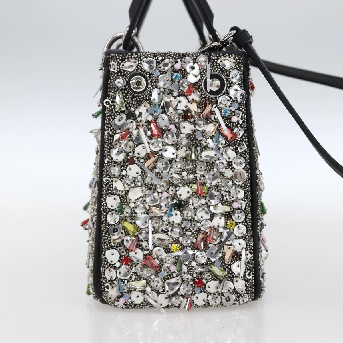 Christian Dior Sequin Lady Dior Hand Bag Leather 2way Black Silver Auth 169660SM