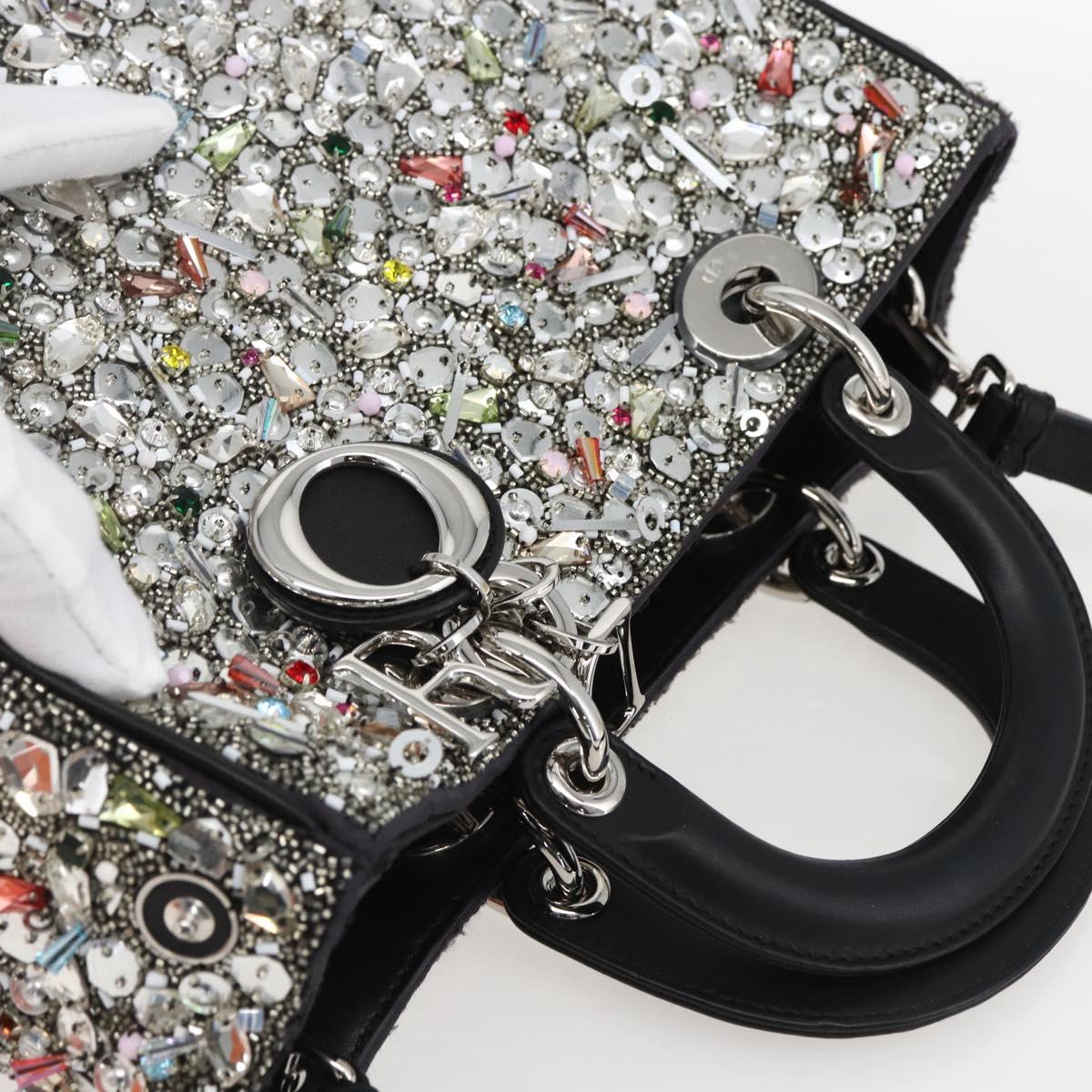 Christian Dior Sequin Lady Dior Hand Bag Leather 2way Black Silver Auth 169660SM