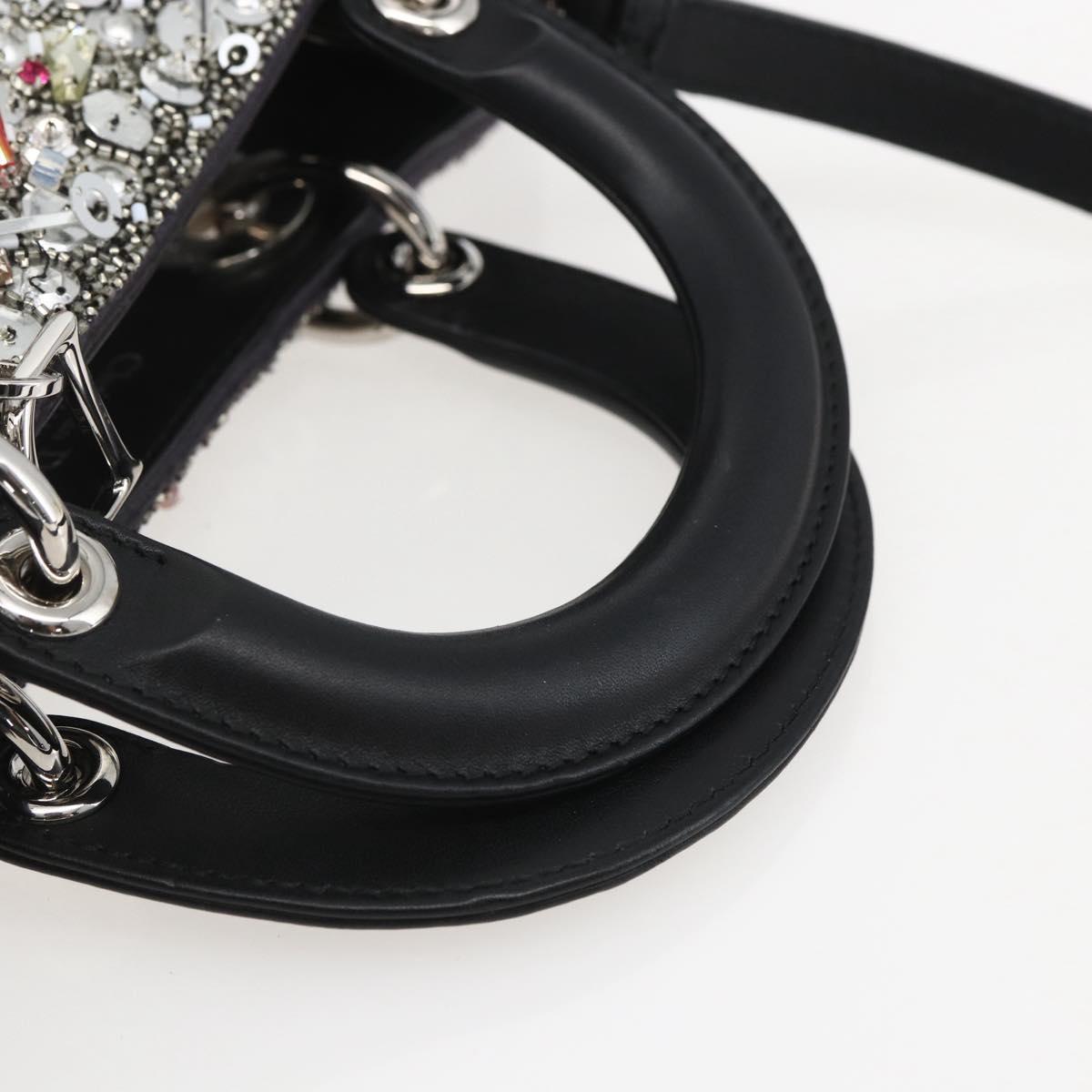 Christian Dior Sequin Lady Dior Hand Bag Leather 2way Black Silver Auth 169660SM