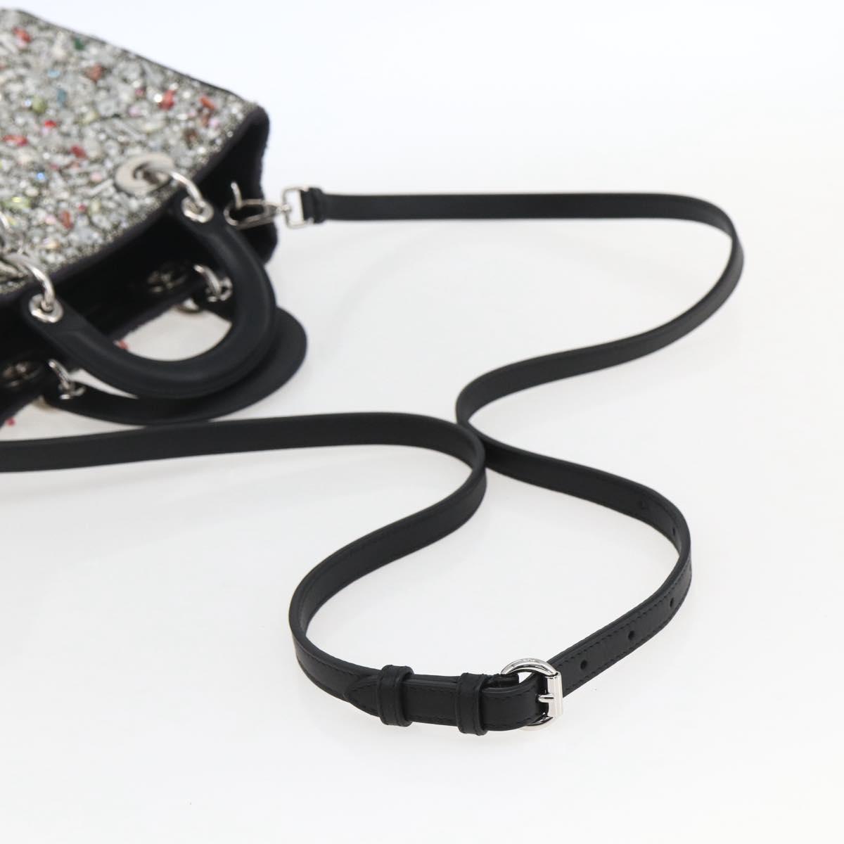 Christian Dior Sequin Lady Dior Hand Bag Leather 2way Black Silver Auth 169660SM