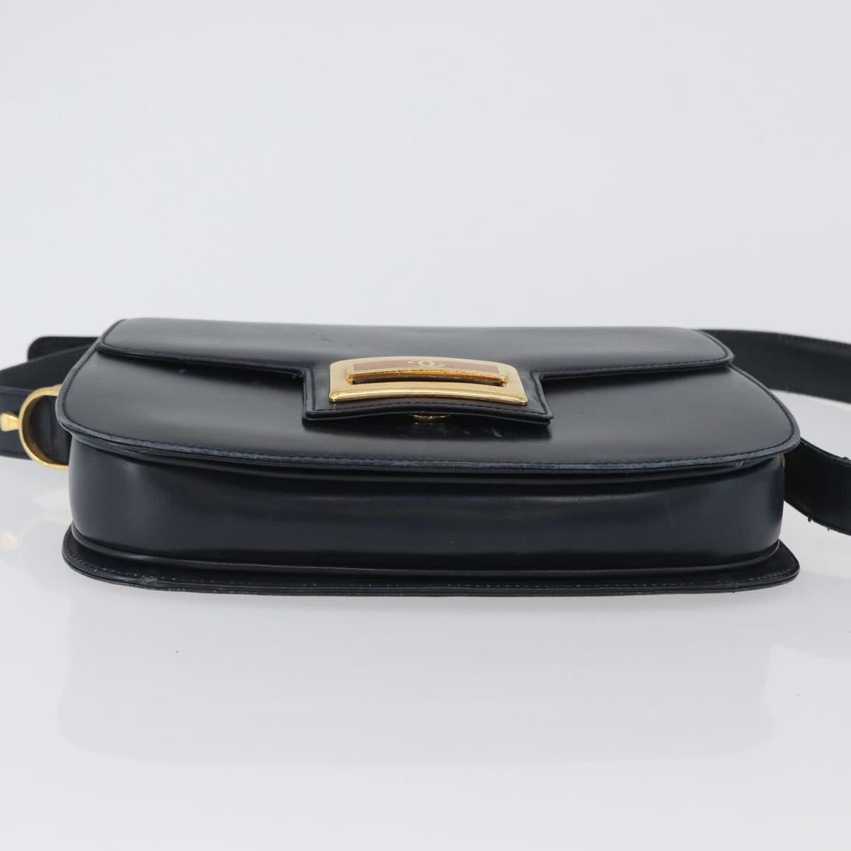 GUCCI Shoulder Bag Leather Navy Gold Auth 169677