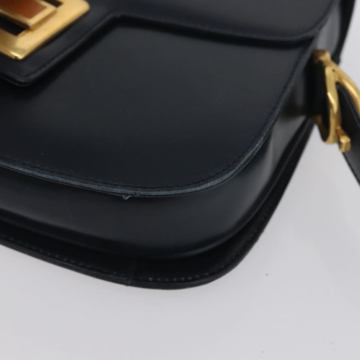 GUCCI Shoulder Bag Leather Navy Gold Auth 169677