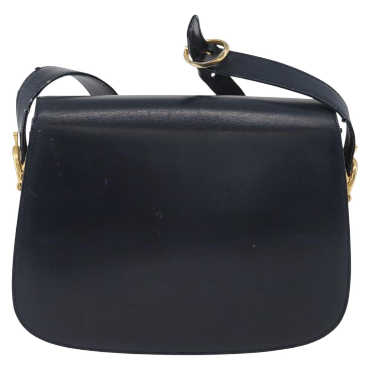 GUCCI Shoulder Bag Leather Navy Gold Auth 169677