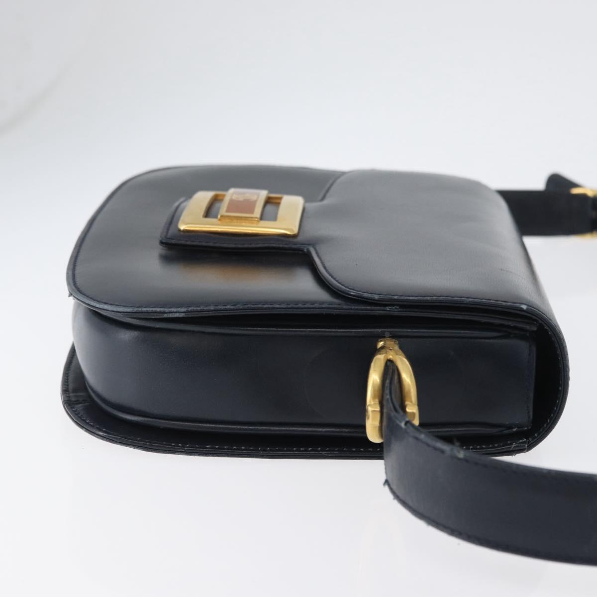 GUCCI Shoulder Bag Leather Navy Gold Auth 169677