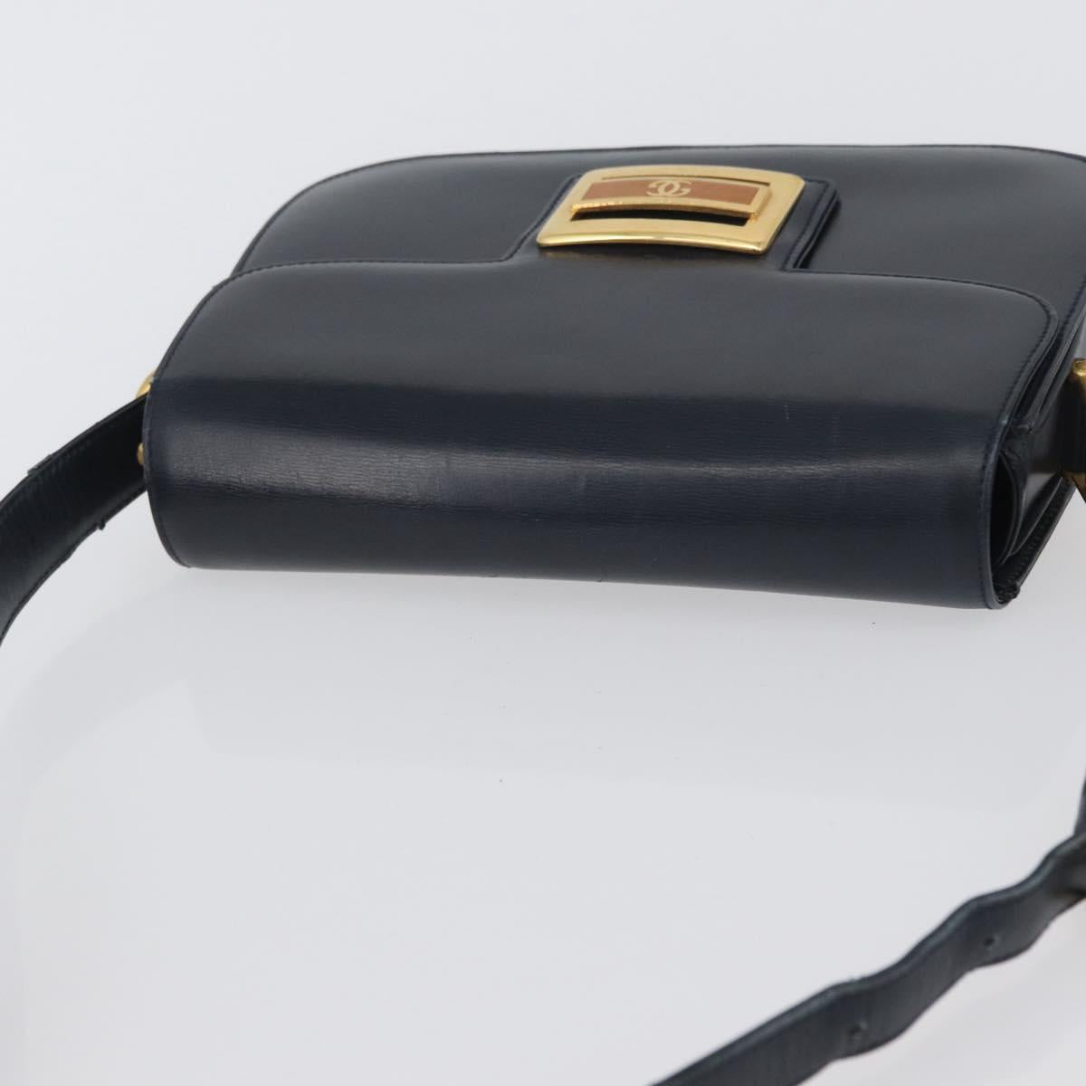 GUCCI Shoulder Bag Leather Navy Gold Auth 169677