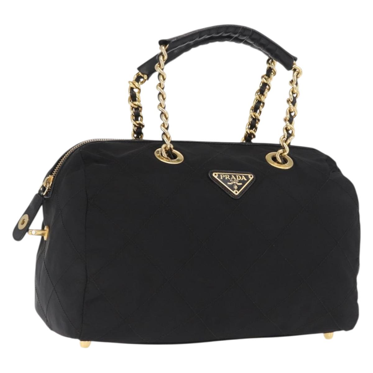 PRADA Chain Hand Bag Nylon Black Gold Auth 169679