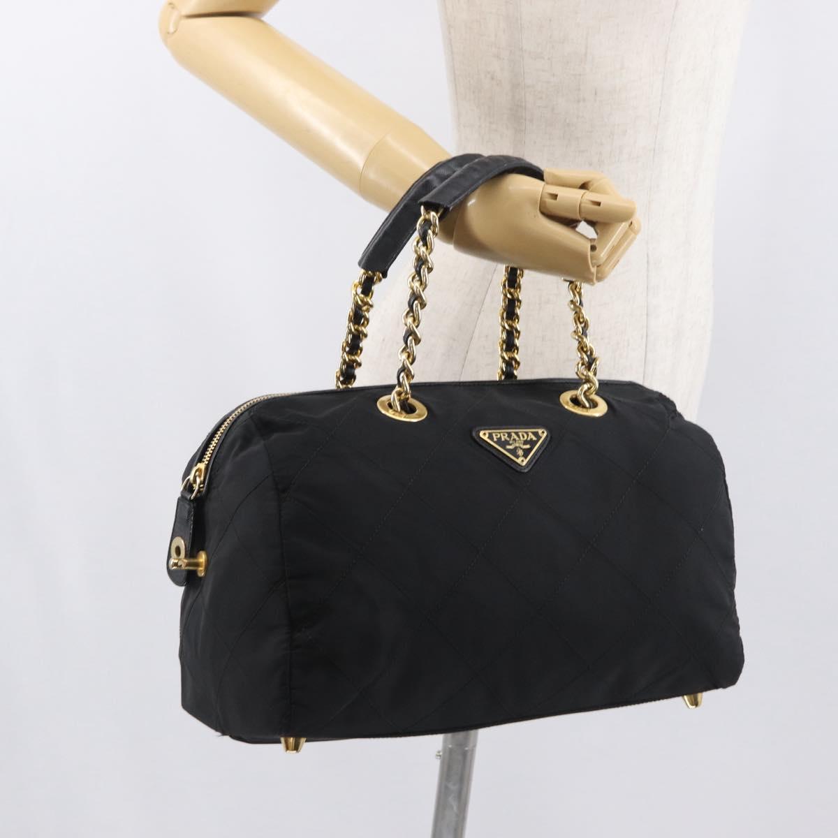 PRADA Chain Hand Bag Nylon Black Gold Auth 169679