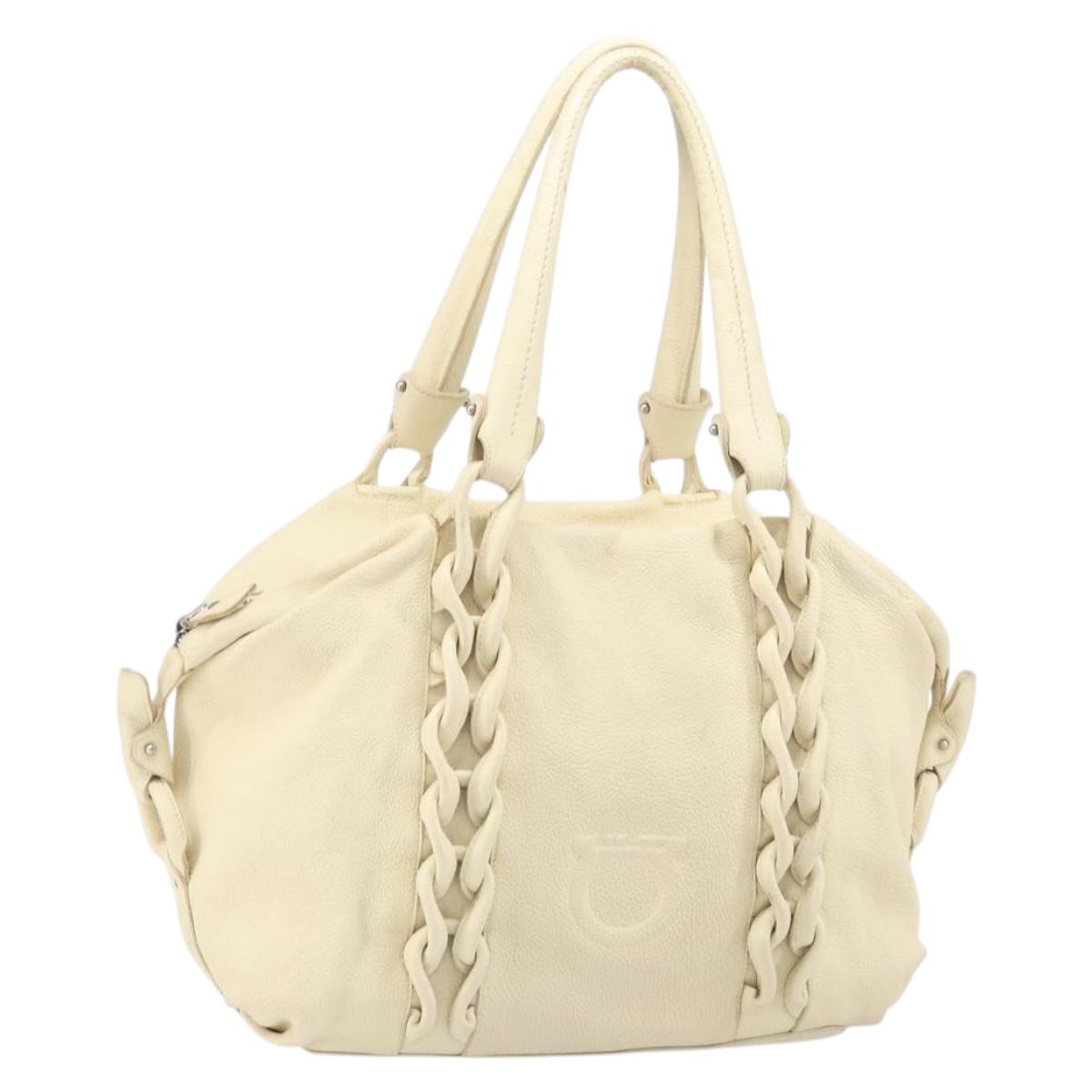 Salvatore Ferragamo Gancini Tote Bag Leather Silver Ivory Auth 169702