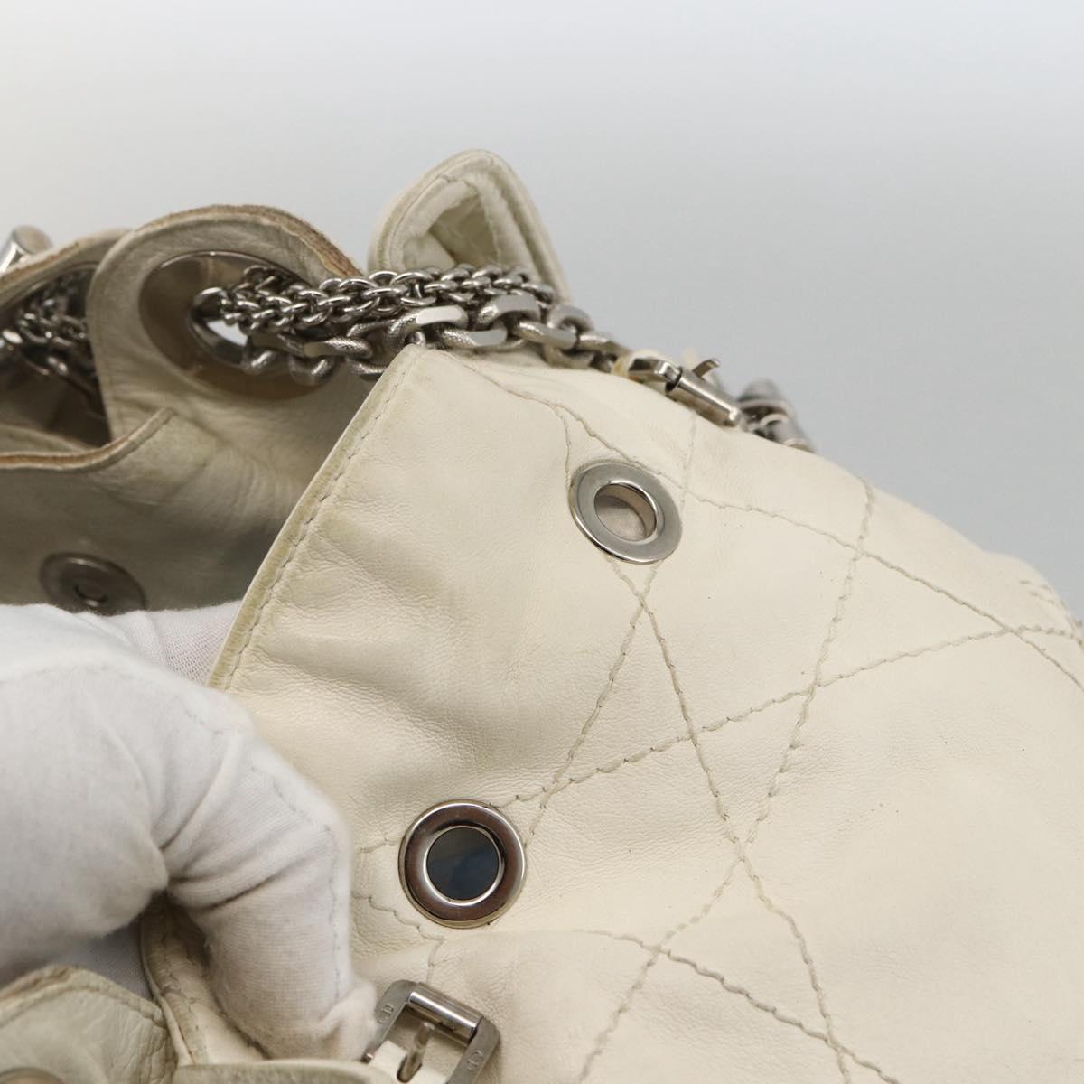 Christian Dior Canage Chain Shoulder Bag Lamb Skin White Silver Auth 169703