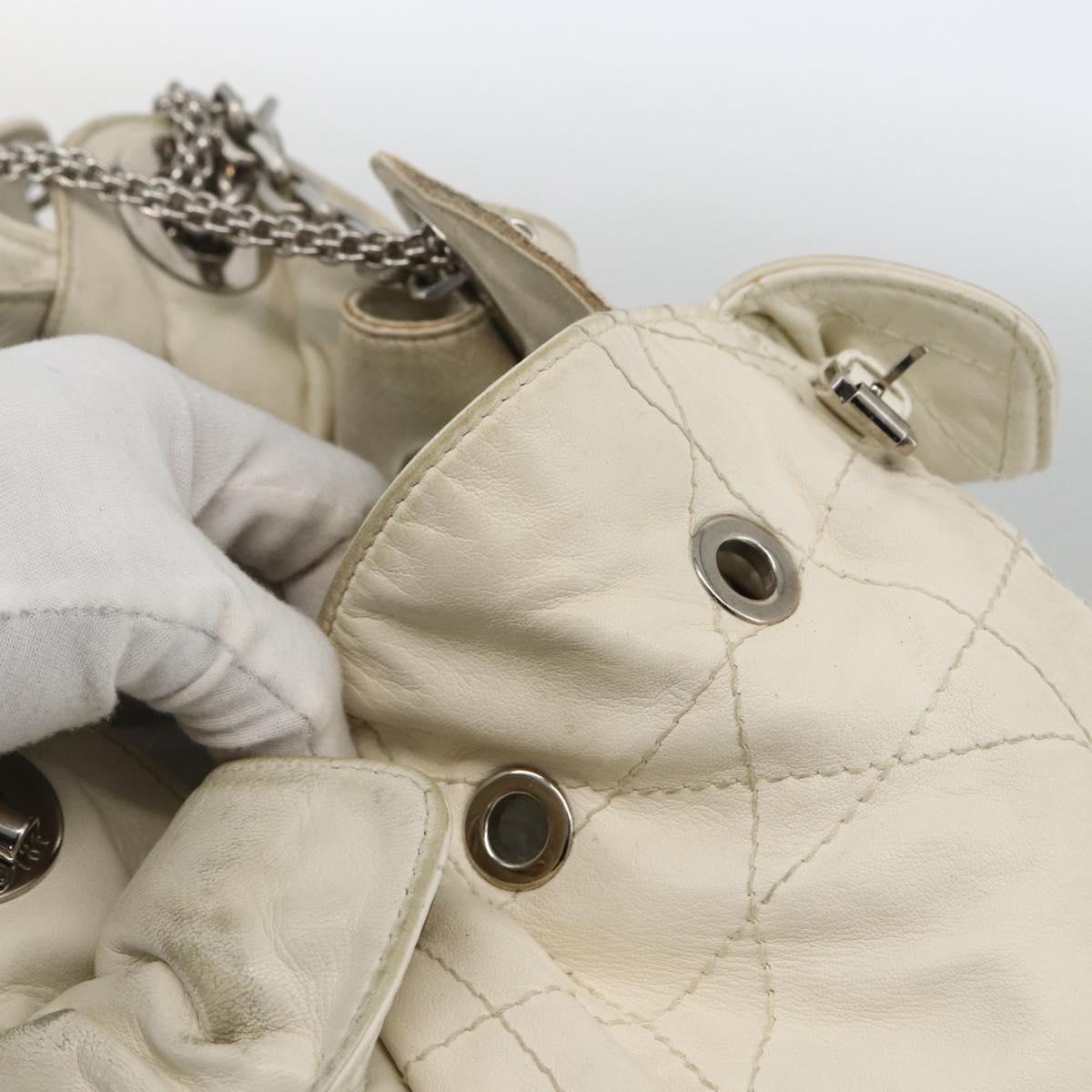 Christian Dior Canage Chain Shoulder Bag Lamb Skin White Silver Auth 169703