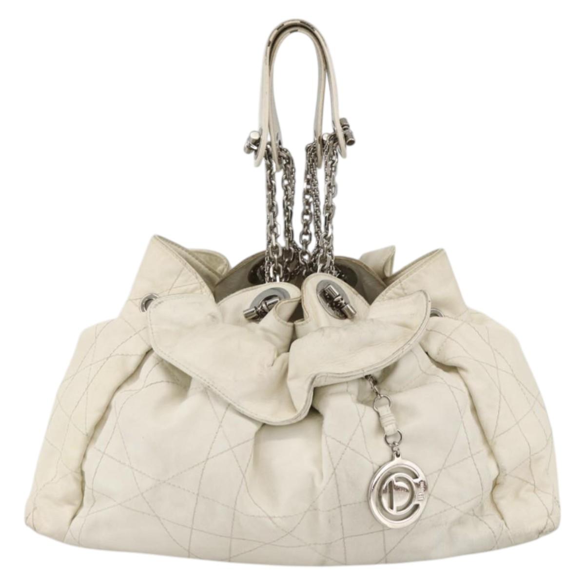 Christian Dior Canage Chain Shoulder Bag Lamb Skin White Silver Auth 169703