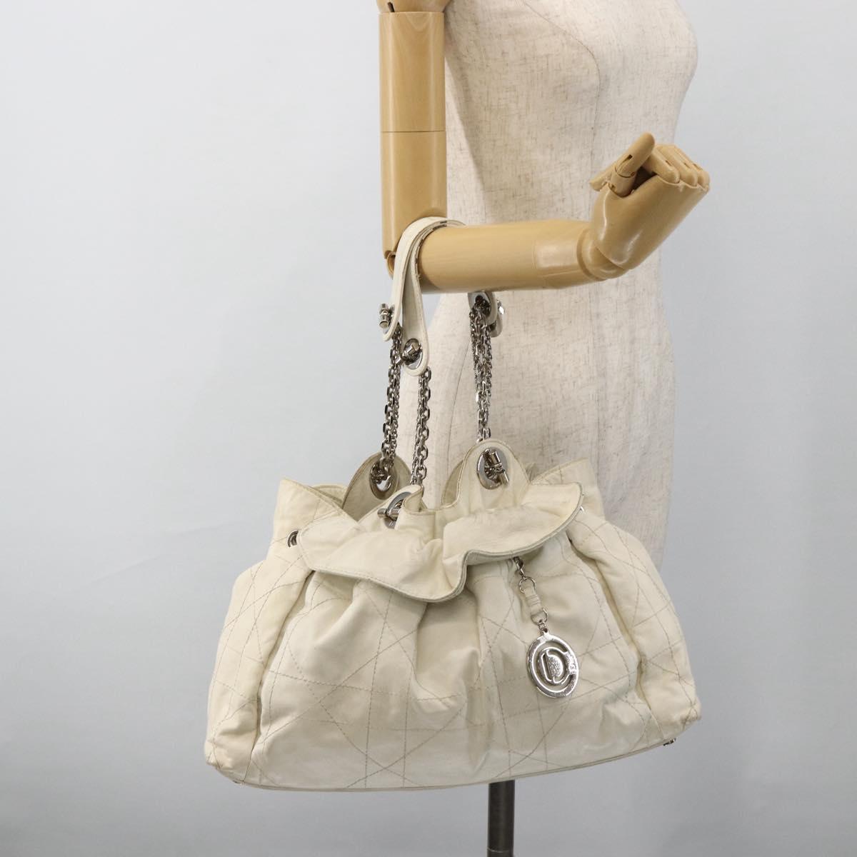 Christian Dior Canage Chain Shoulder Bag Lamb Skin White Silver Auth 169703