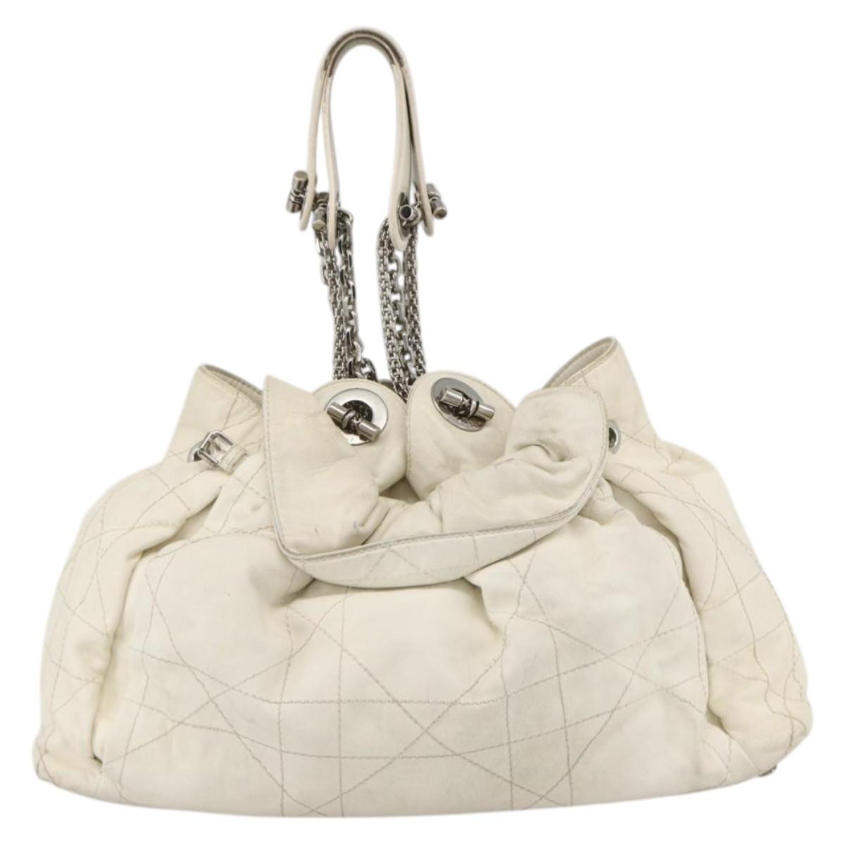 Christian Dior Canage Chain Shoulder Bag Lamb Skin White Silver Auth 169703
