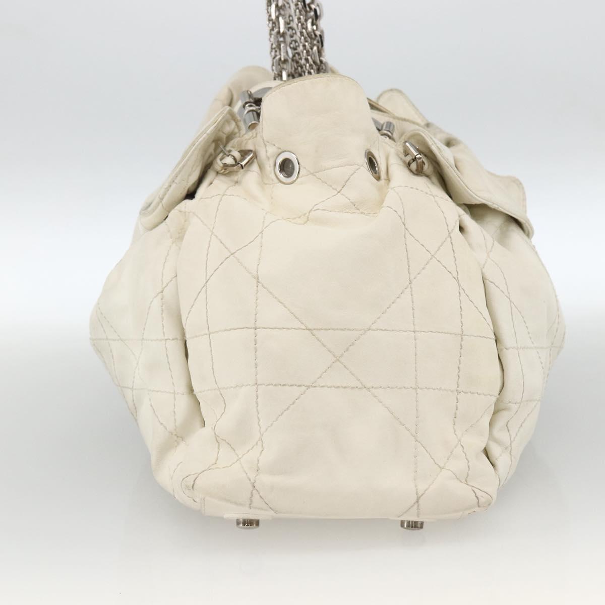 Christian Dior Canage Chain Shoulder Bag Lamb Skin White Silver Auth 169703