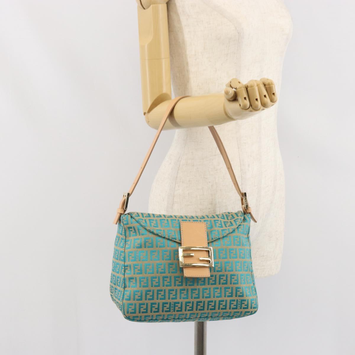 FENDI Zucchino Canvas Mamma Baguette Shoulder Bag Blue Gold Auth 169717SAV