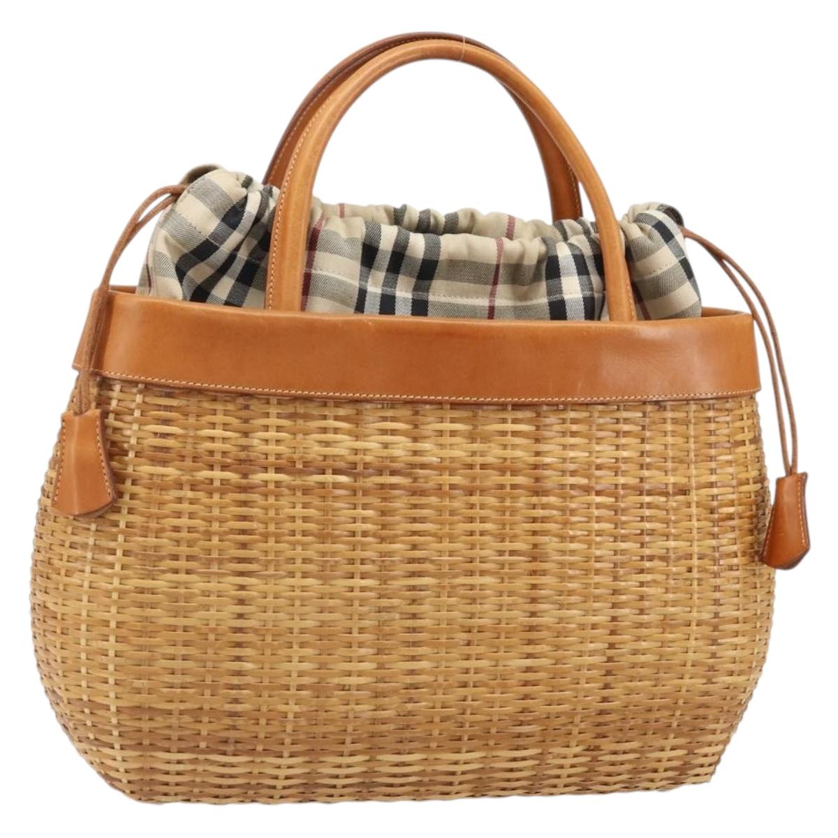 BURBERRY Nova Check Basket Hand Bag Raffia Brown Auth 169719V
