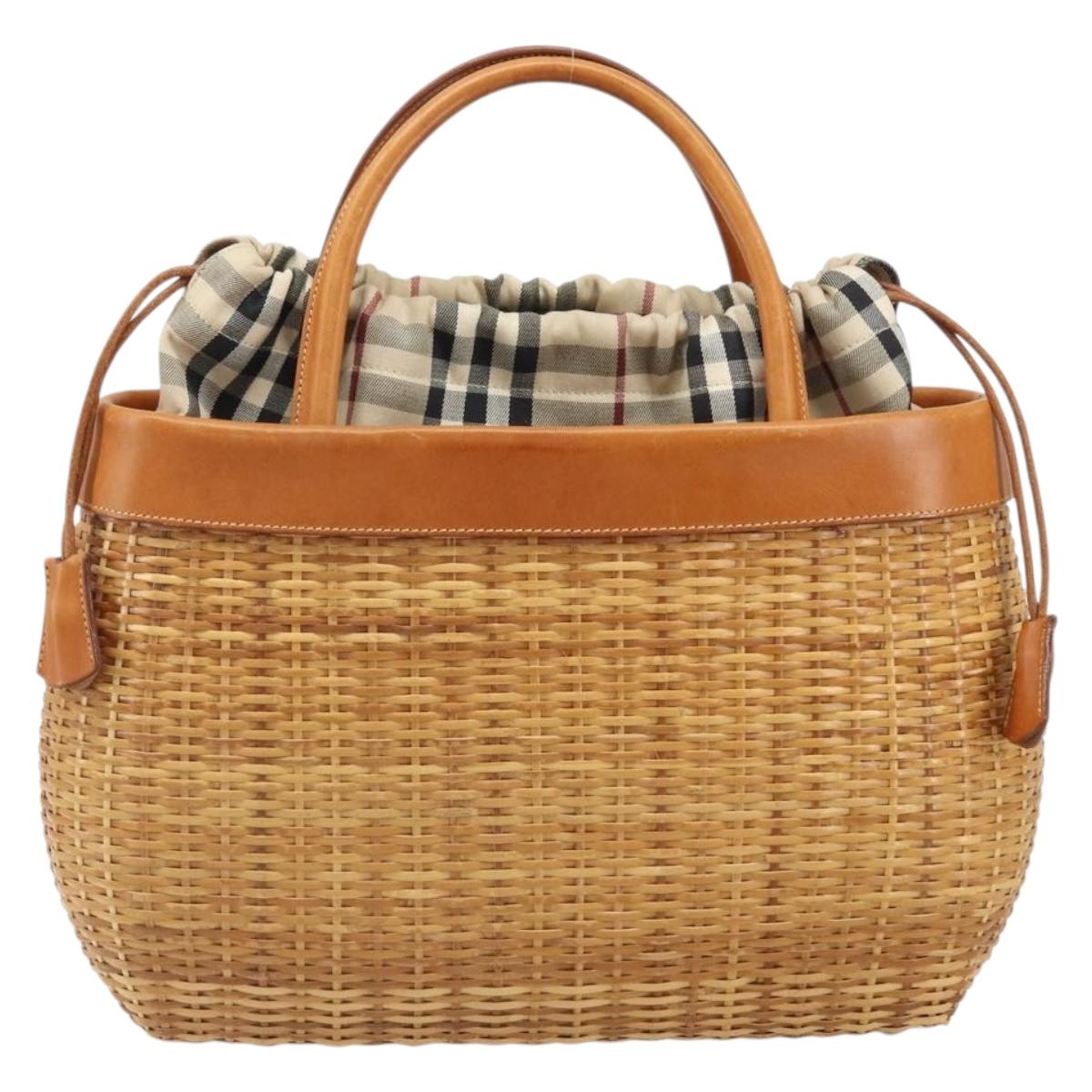 BURBERRY Nova Check Basket Hand Bag Raffia Brown Auth 169719V