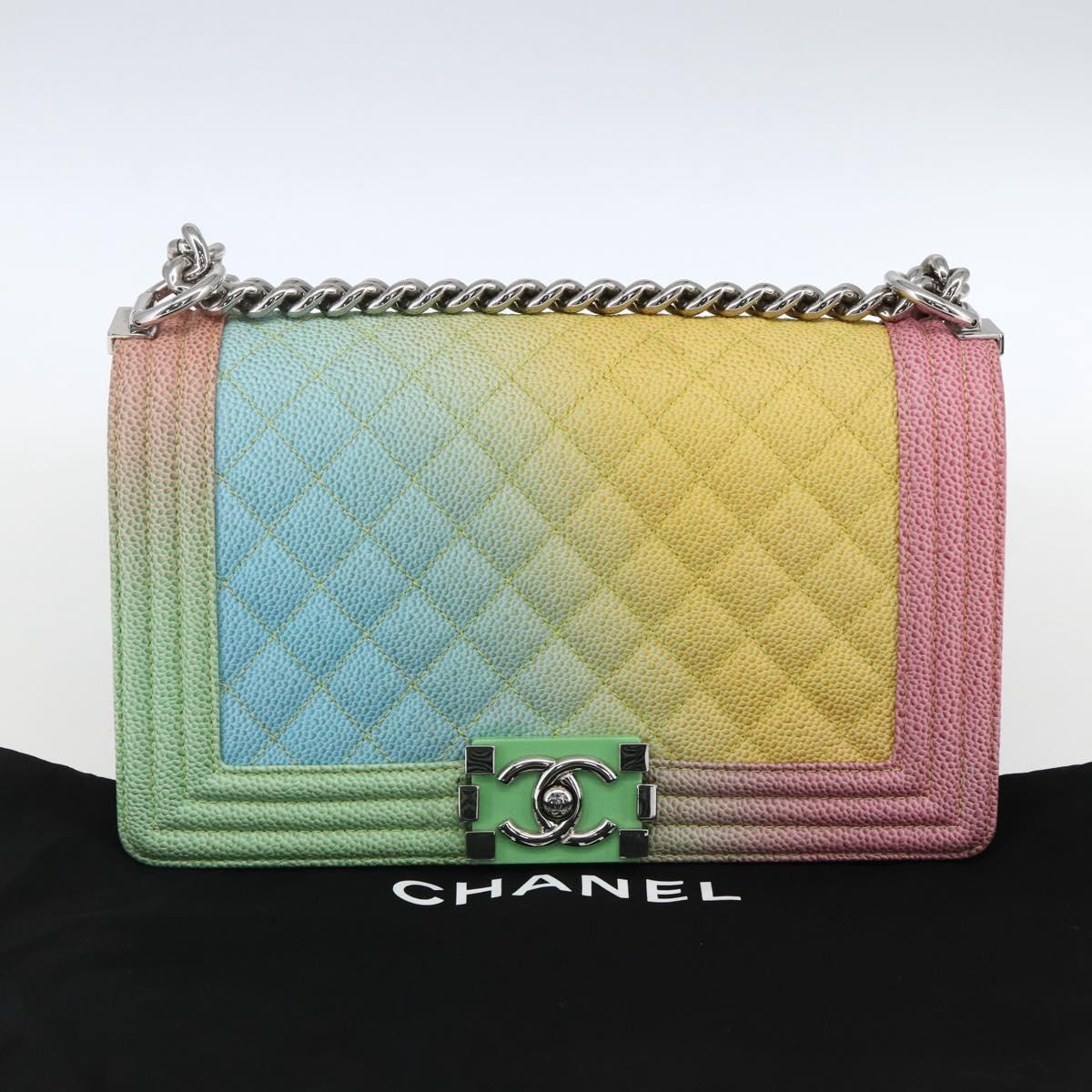 CHANEL Boy Chanel Medium Chain Bag Caviar Skin Multicolor CC Auth 169741SM