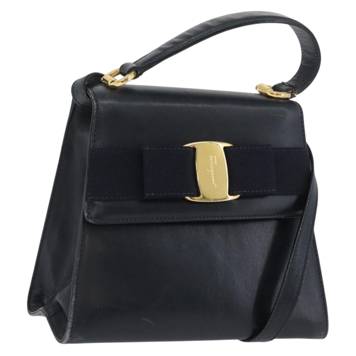 Salvatore Ferragamo Vala Hand Bag Leather 2way Navy Gold Auth 169747
