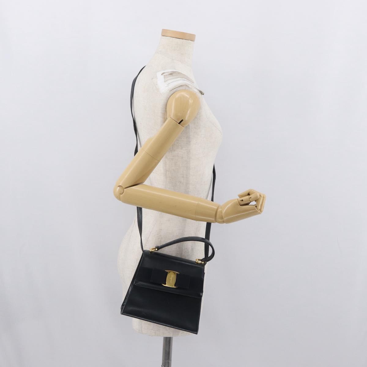 Salvatore Ferragamo Vala Hand Bag Leather 2way Navy Gold Auth 169747
