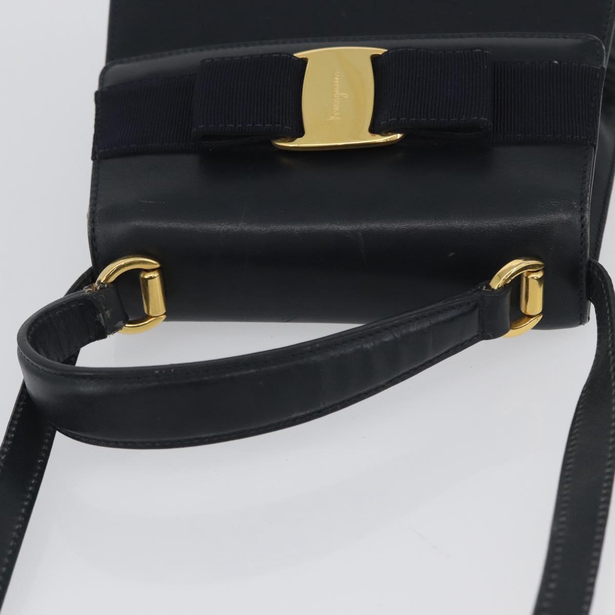 Salvatore Ferragamo Vala Hand Bag Leather 2way Navy Gold Auth 169747