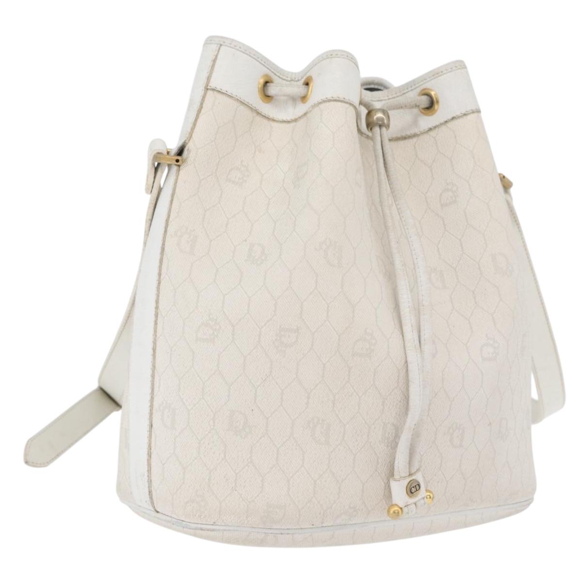Christian Dior Honeycomb Canvas Shoulder Bag PVC White Gold Auth 169749