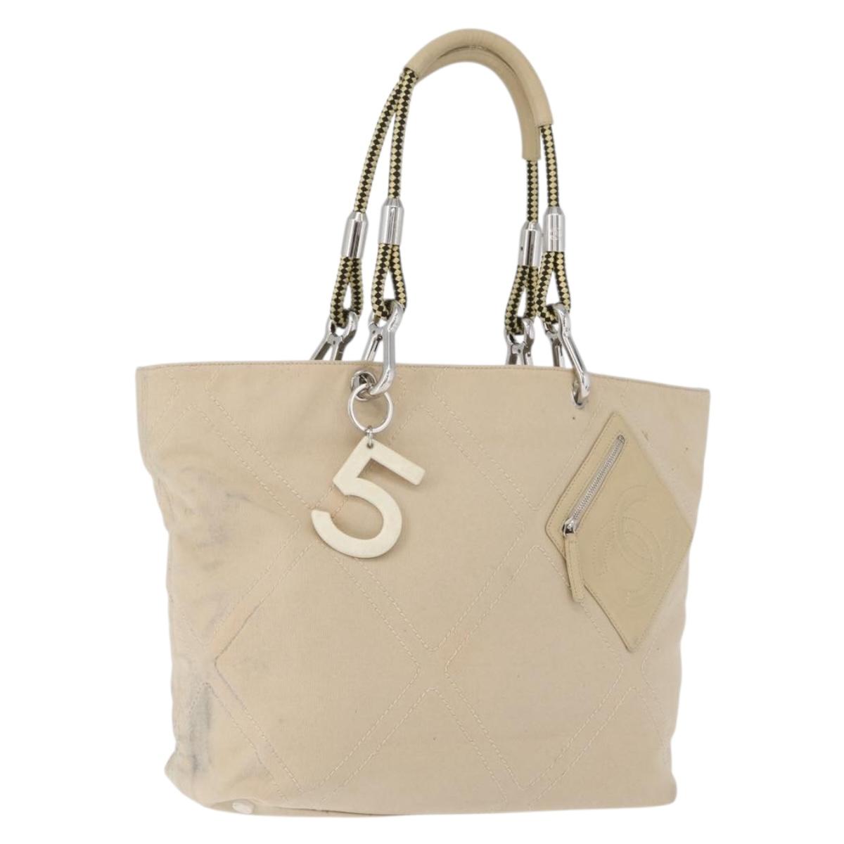 CHANEL Tote Bag No5 Canvas Beige Silver CC Auth 169753