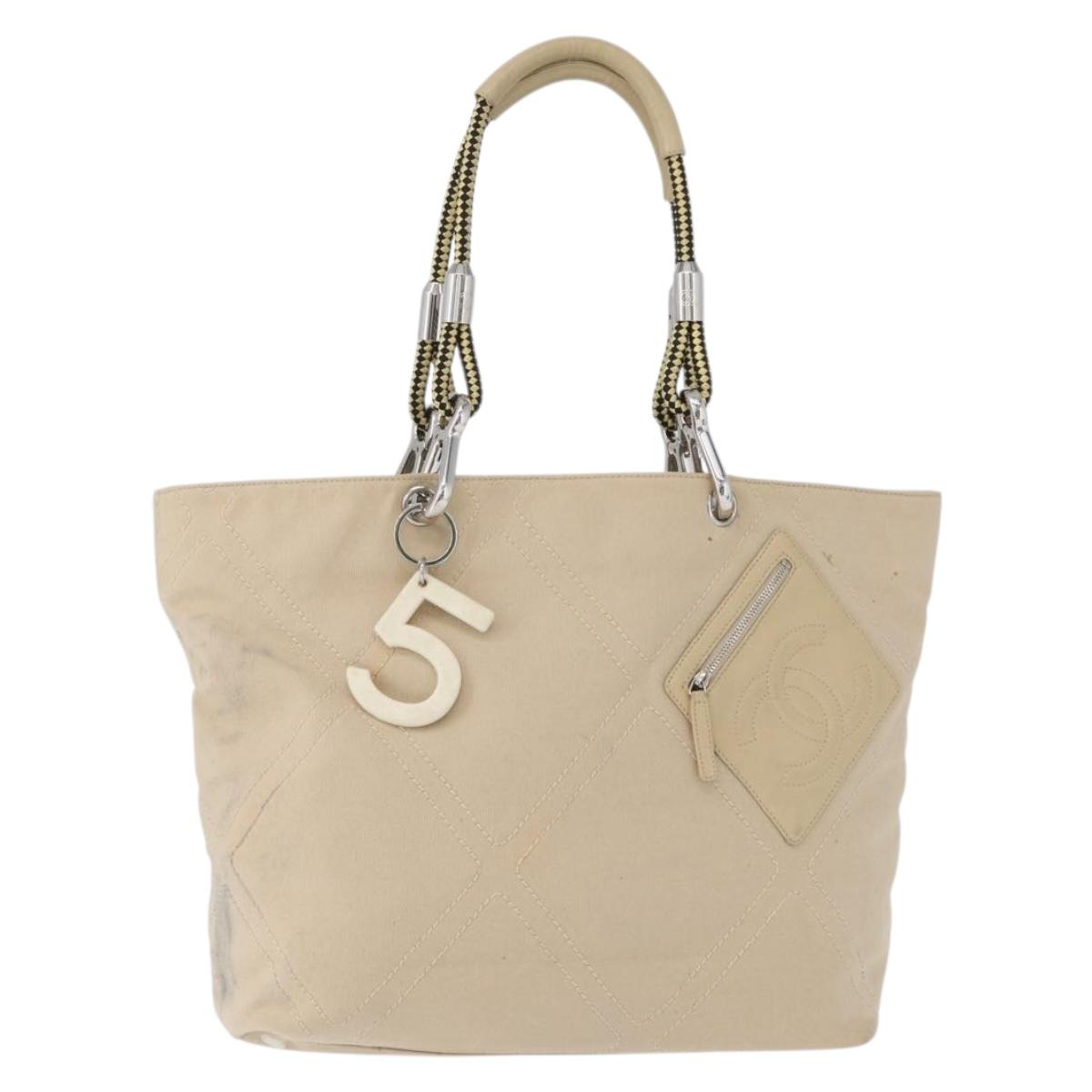 CHANEL Tote Bag No5 Canvas Beige Silver CC Auth 169753