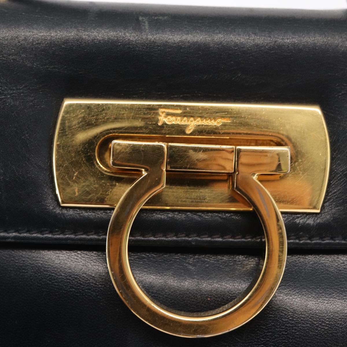 Salvatore Ferragamo Gancini Hand Bag Leather 2way Navy Gold Auth 169755