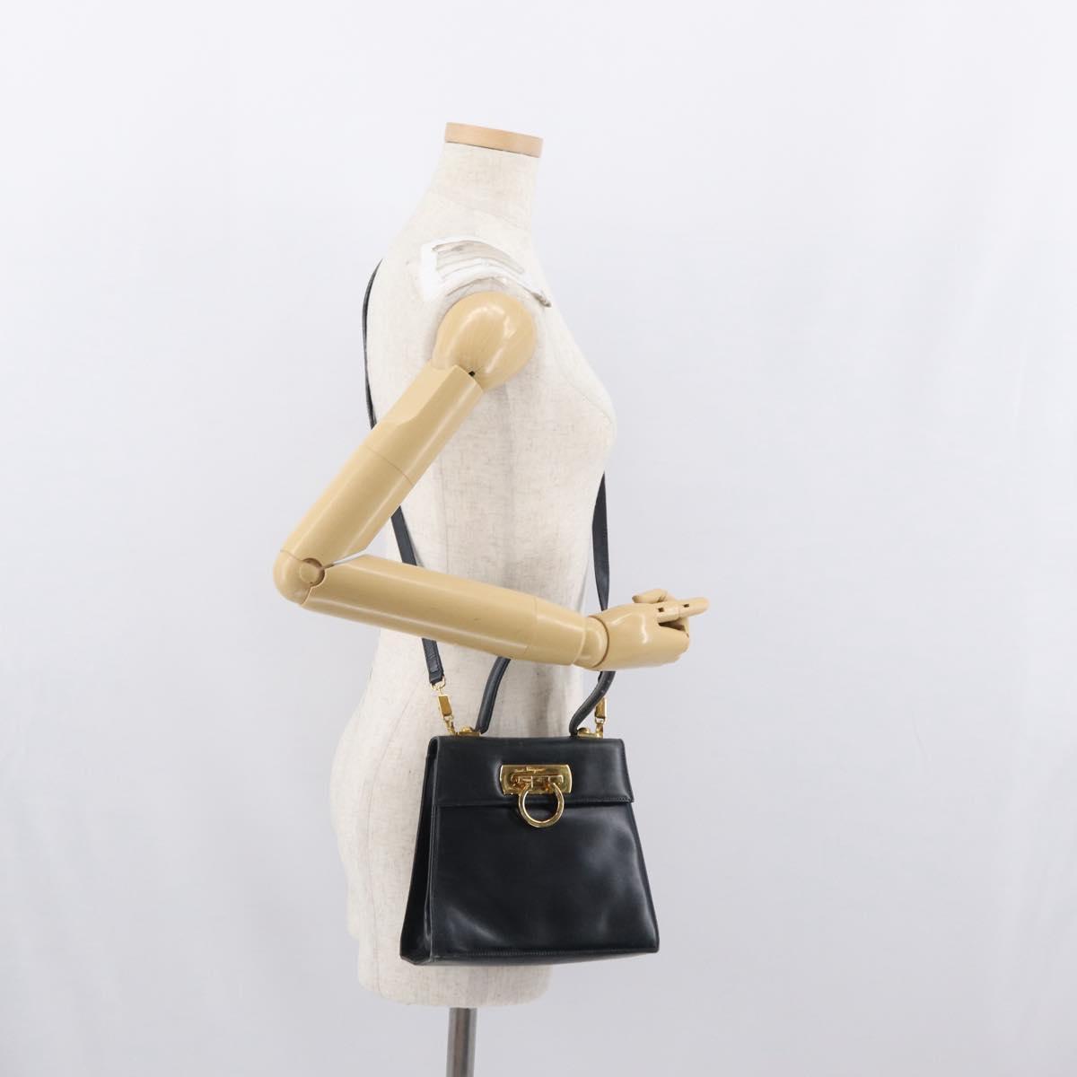 Salvatore Ferragamo Gancini Hand Bag Leather 2way Navy Gold Auth 169755