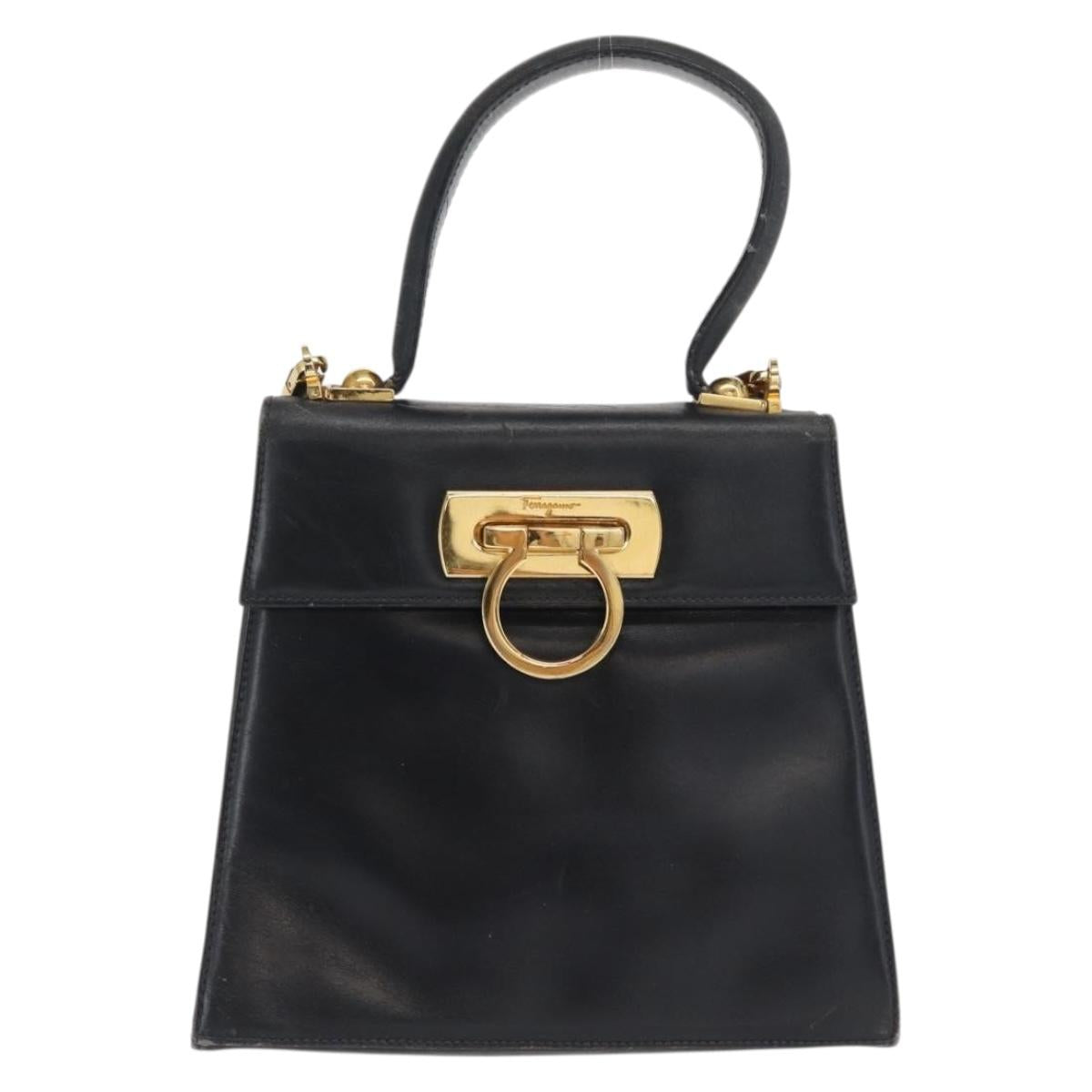 Salvatore Ferragamo Gancini Hand Bag Leather 2way Navy Gold Auth 169755