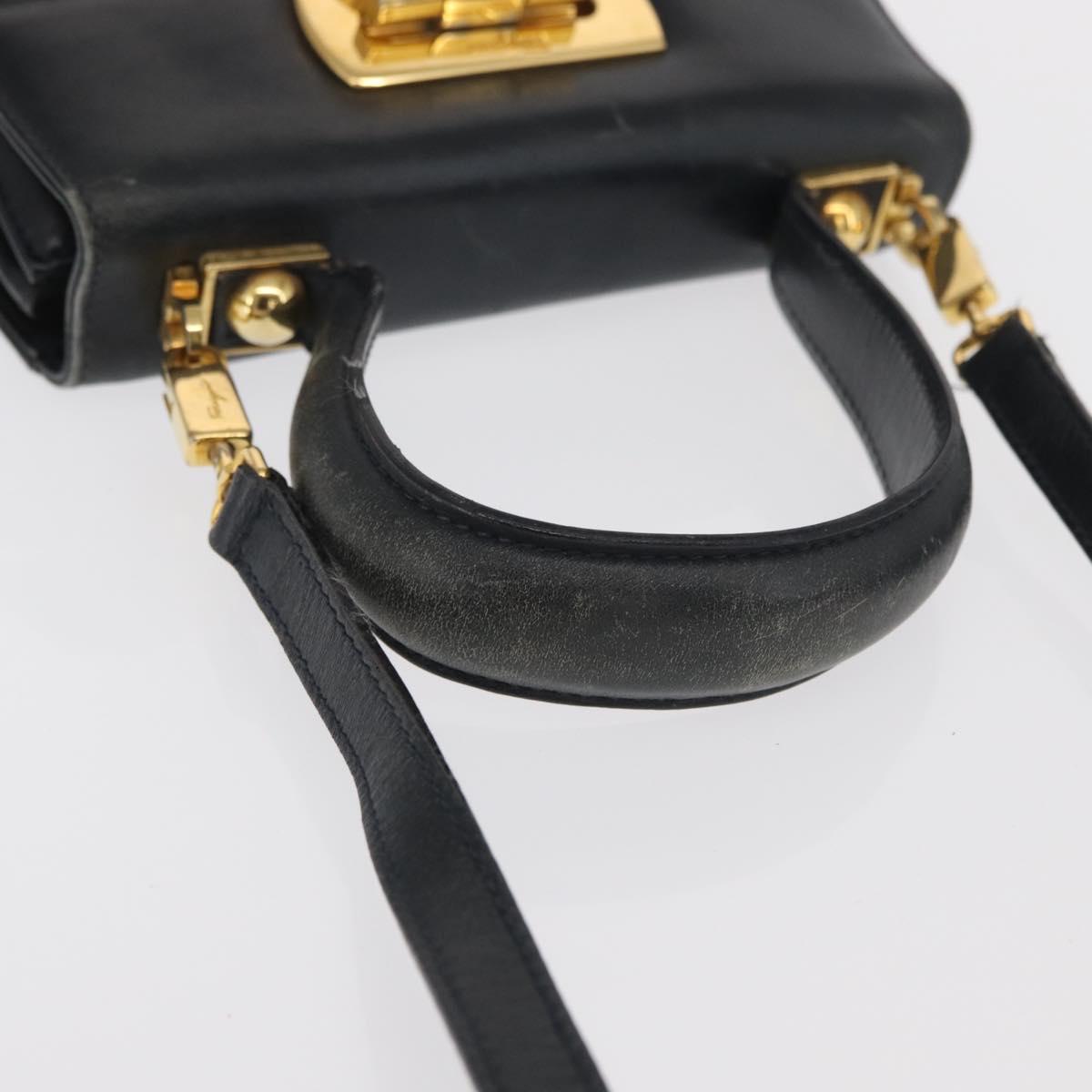 Salvatore Ferragamo Gancini Hand Bag Leather 2way Navy Gold Auth 169755