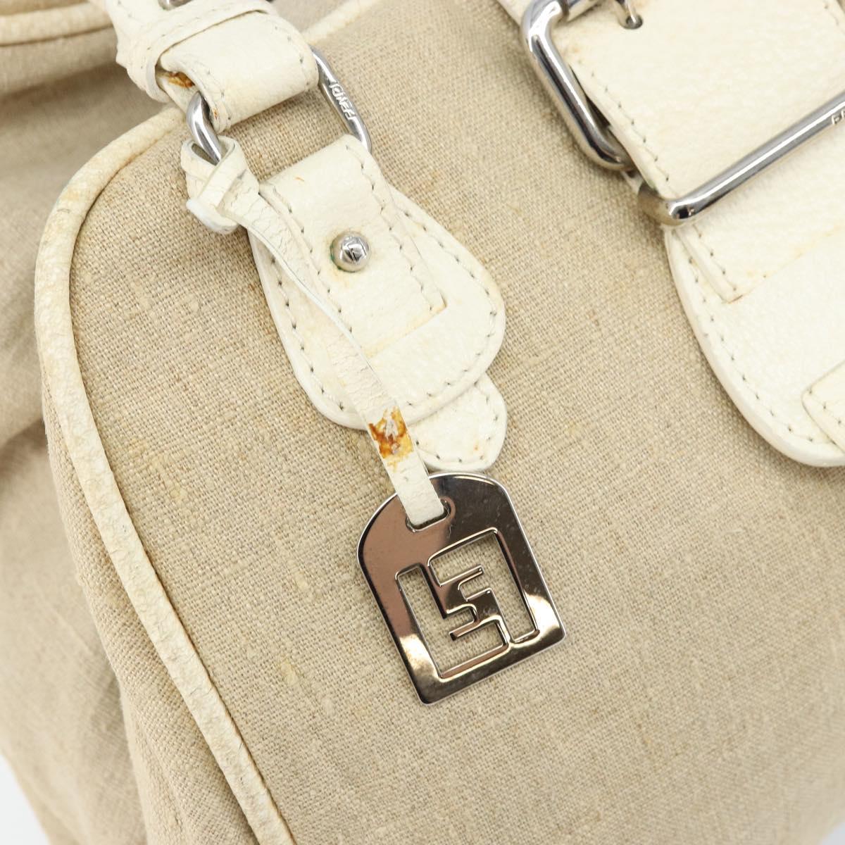 FENDI Hand Bag Canvas Beige Silver Auth 169763