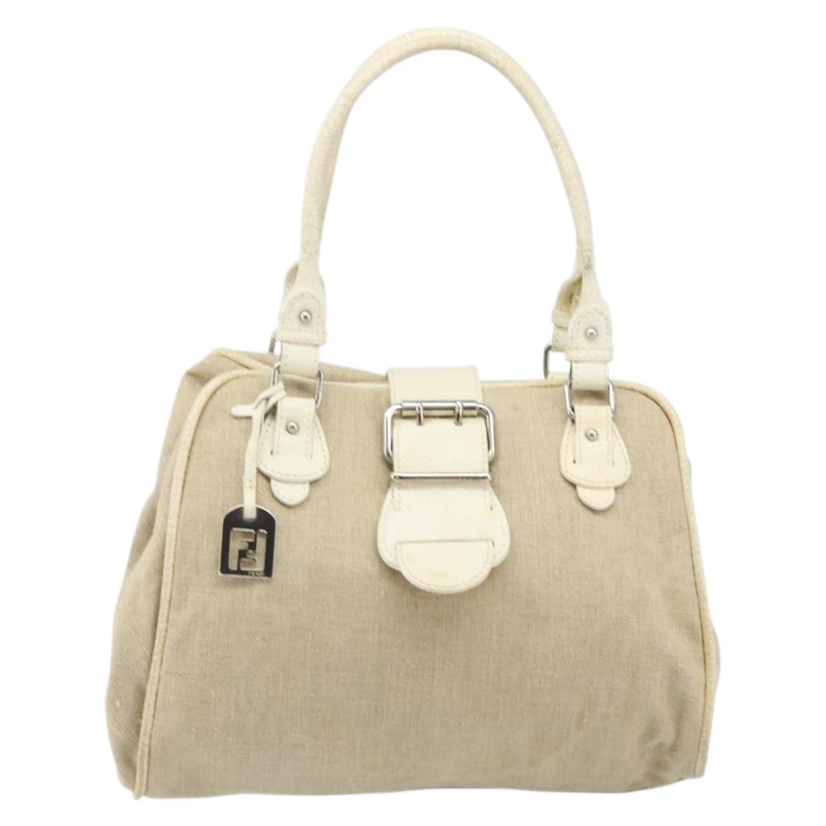 FENDI Hand Bag Canvas Beige Silver Auth 169763
