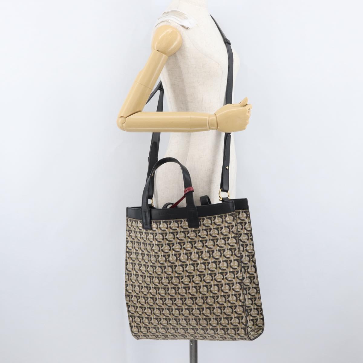 Salvatore Ferragamo Gancini Hand Bag PVC 2way Beige Gold Auth 169765